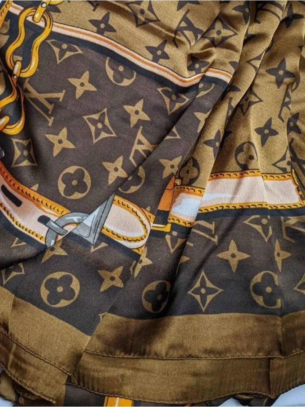 Monogram Brown Silk-Look Scarf with Gold Accents